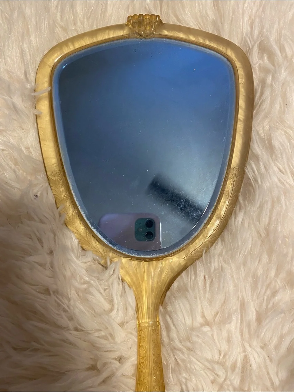 Vintage Celluloid Gold Beige Hand Mirror 13”